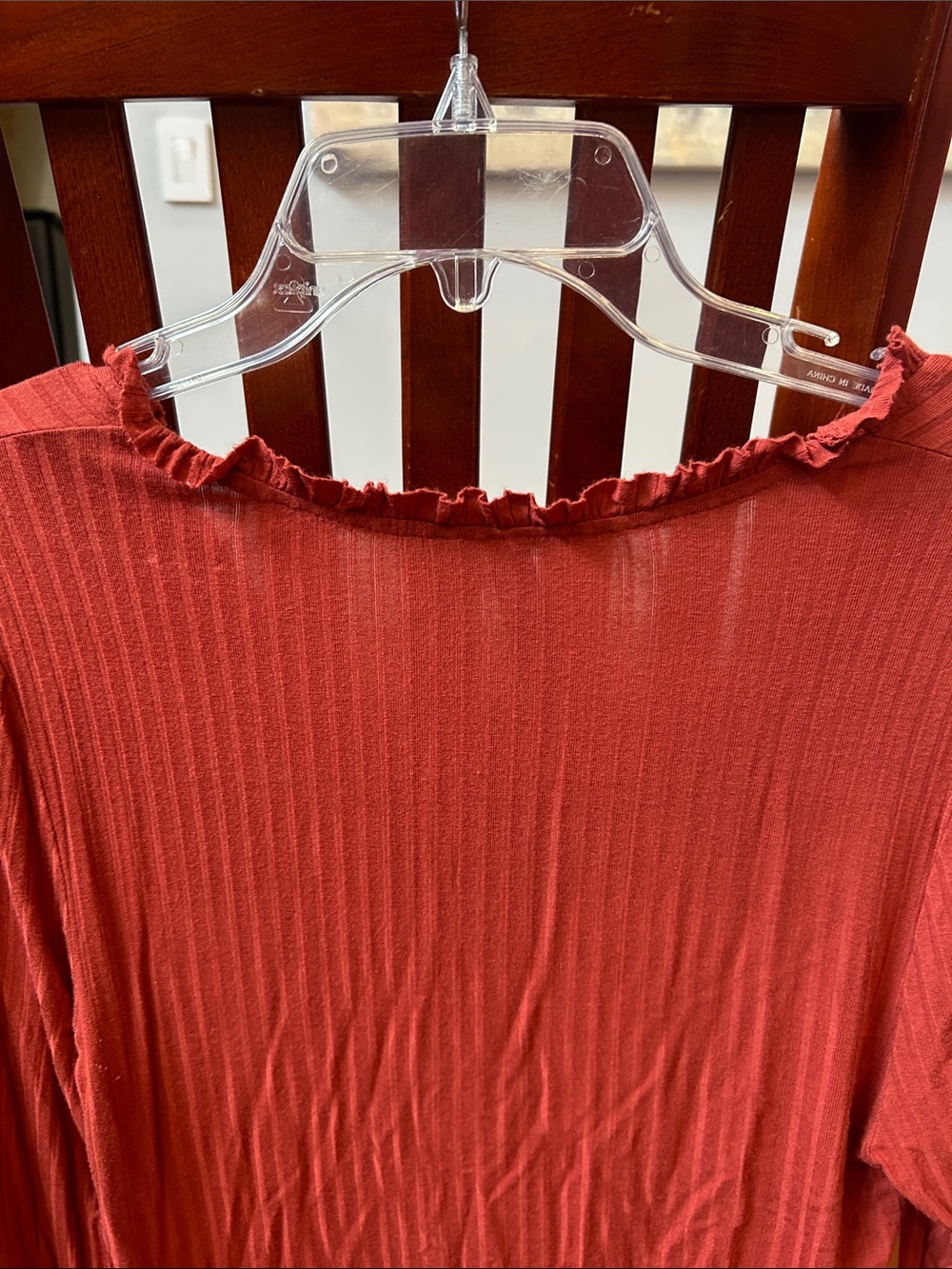 Alya Rust Red Ribbed Long-Sleeve Top with Ruffle Neck - Picture 6 of 10